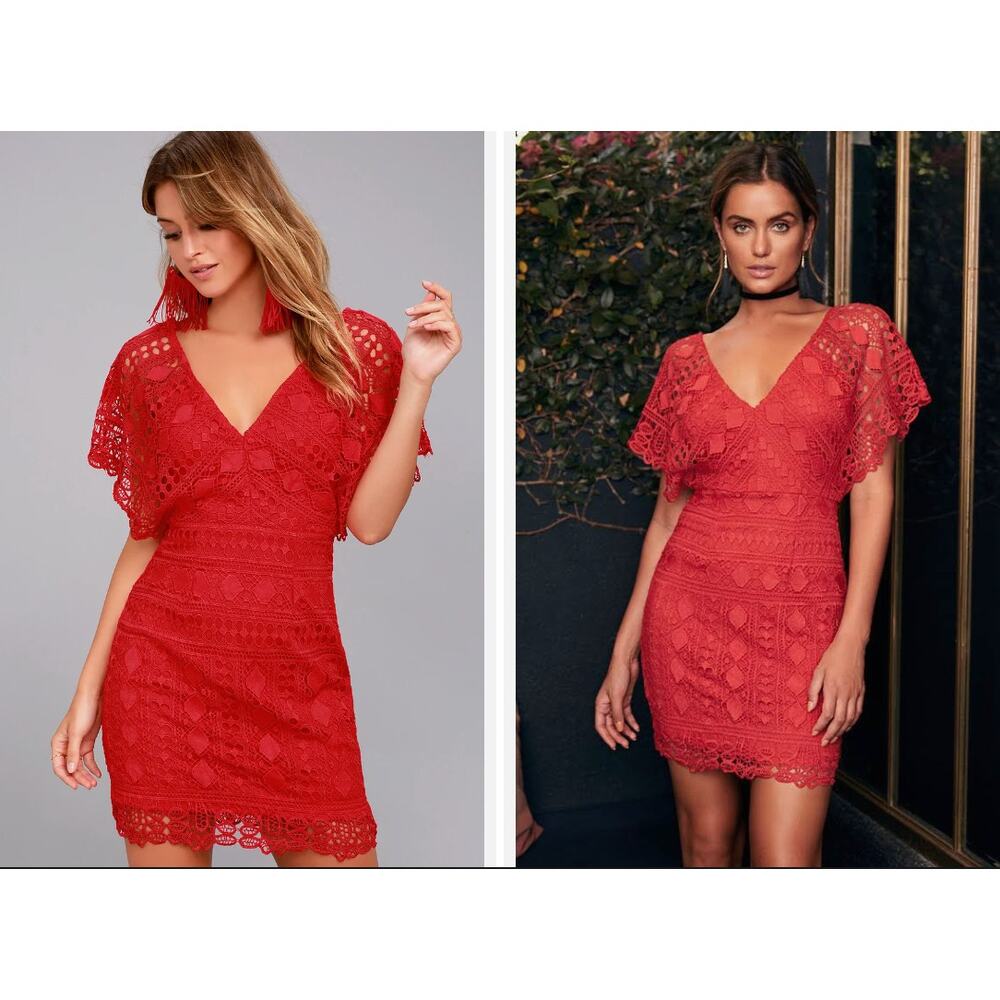 NWT Lulus First Kiss Red Floral Lace Kaftan Sleeve Sheath Cocktail Dress M NEW - Picture 10 of 10